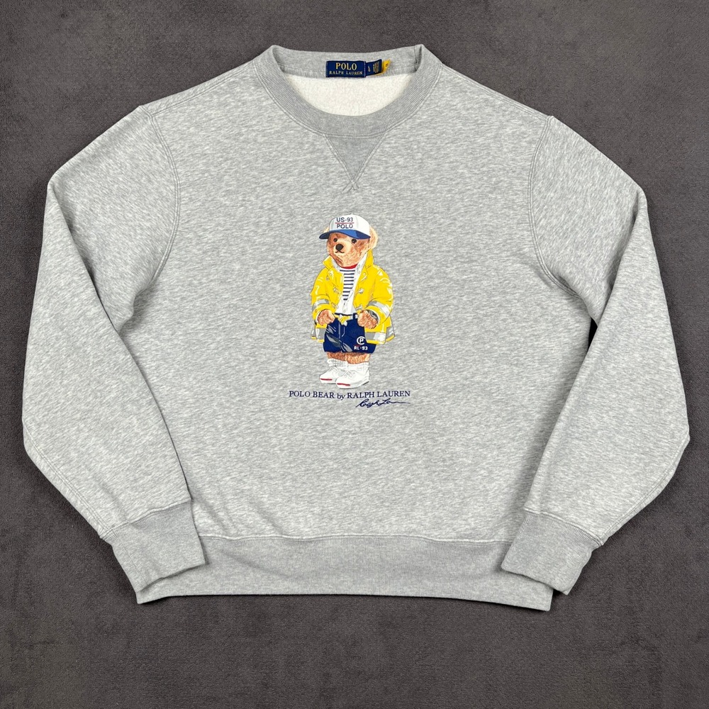 Polo Ralph Lauren CP-93 Bear Sweatshirt Mens Large Gray Pullover Yellow Raincoat
